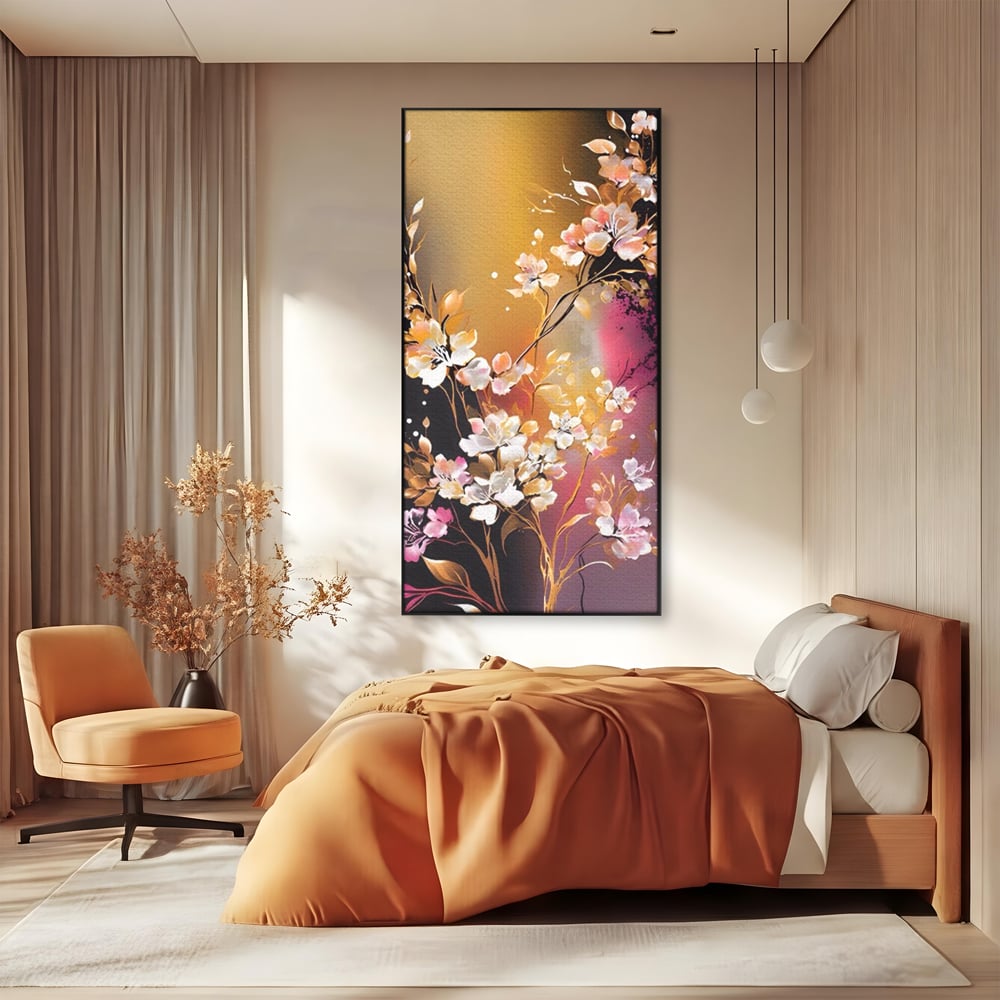 Tablou canvas cu pictura verticala cu ramura inflorita, in rama de aluminiu negru, pe perete intr-un dormitor